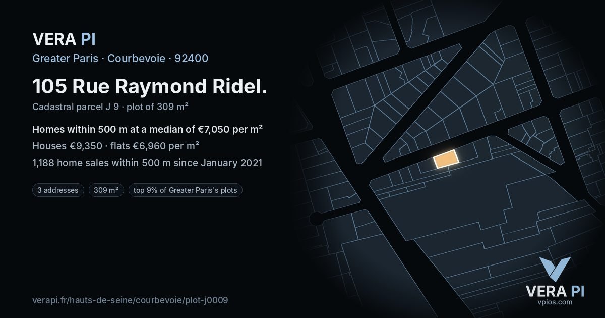 105 Rue Raymond Ridel, Courbevoie at night – the plot lit, the parcels around coloured by the prices near them