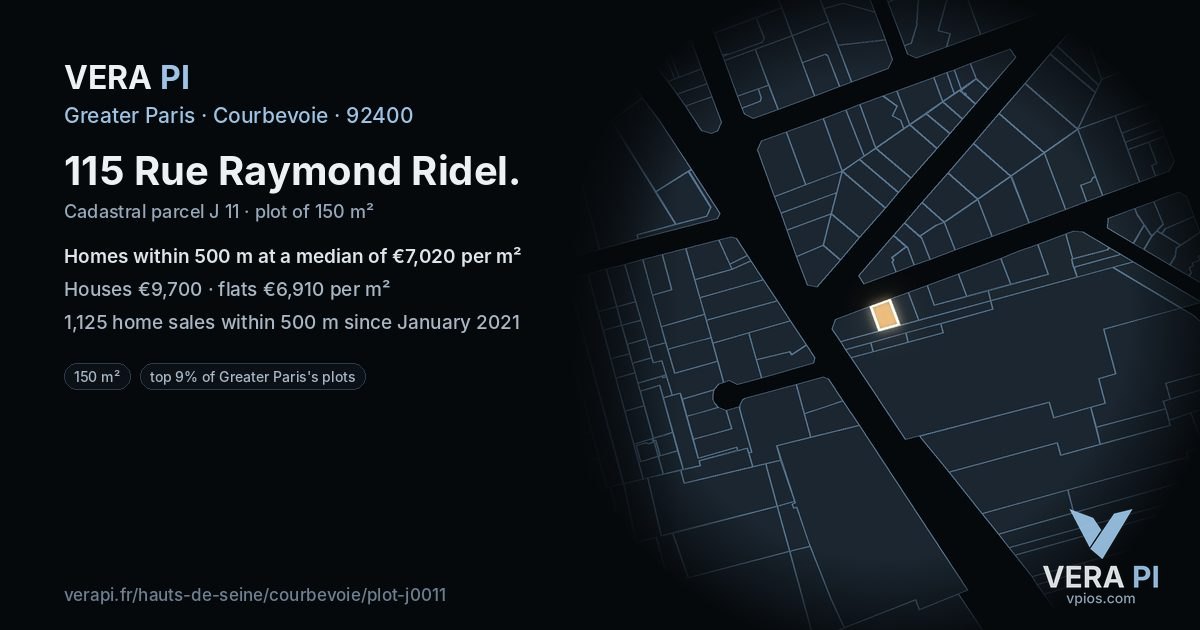 115 Rue Raymond Ridel, Courbevoie at night – the plot lit, the parcels around coloured by the prices near them