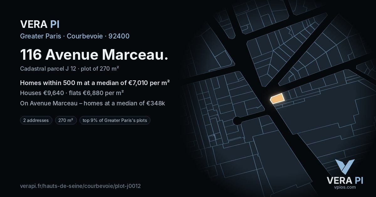116 Avenue Marceau, Courbevoie at night – the plot lit, the parcels around coloured by the prices near them