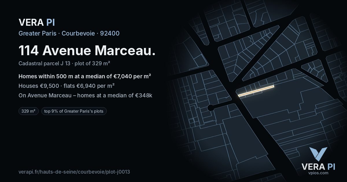 114 Avenue Marceau, Courbevoie at night – the plot lit, the parcels around coloured by the prices near them