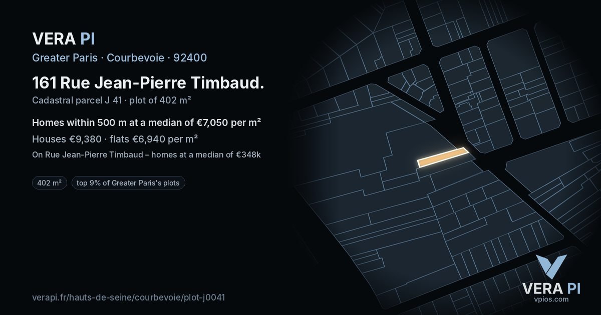 161 Rue Jean-Pierre Timbaud, Courbevoie at night – the plot lit, the parcels around coloured by the prices near them