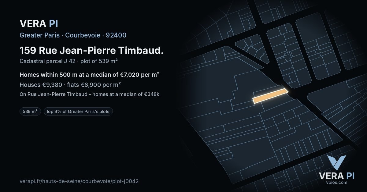 159 Rue Jean-Pierre Timbaud, Courbevoie at night – the plot lit, the parcels around coloured by the prices near them
