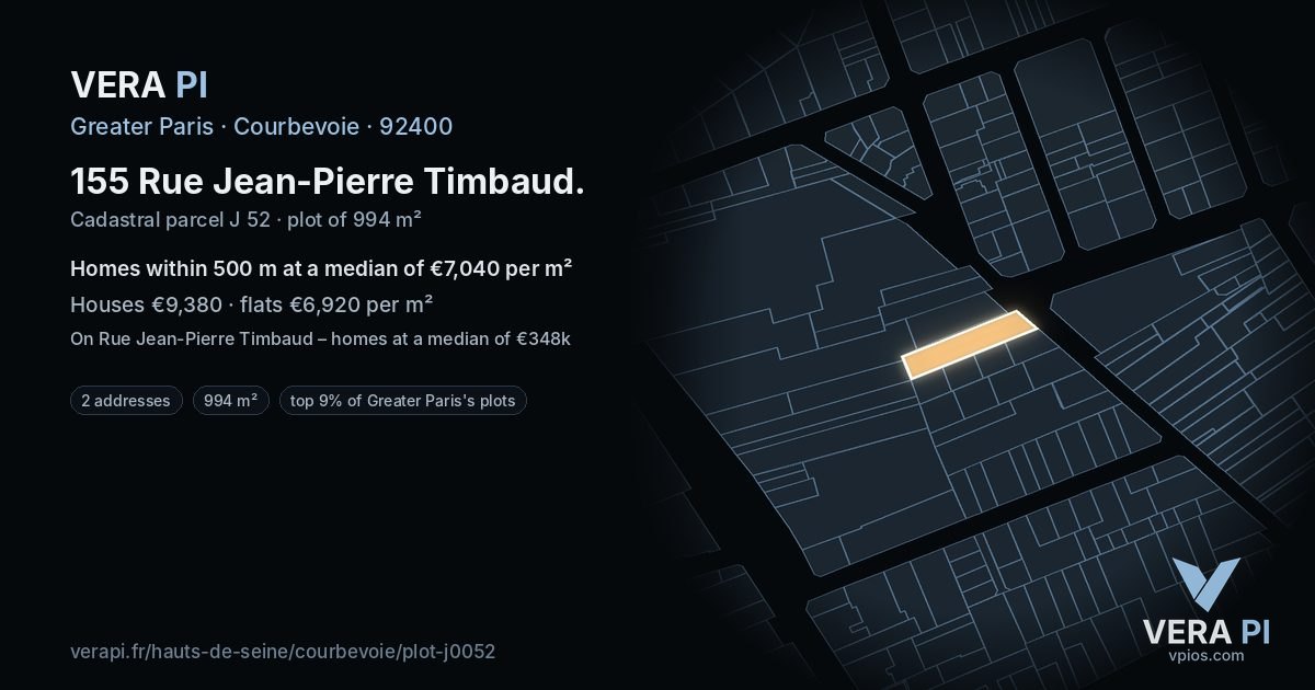 155 Rue Jean-Pierre Timbaud, Courbevoie at night – the plot lit, the parcels around coloured by the prices near them