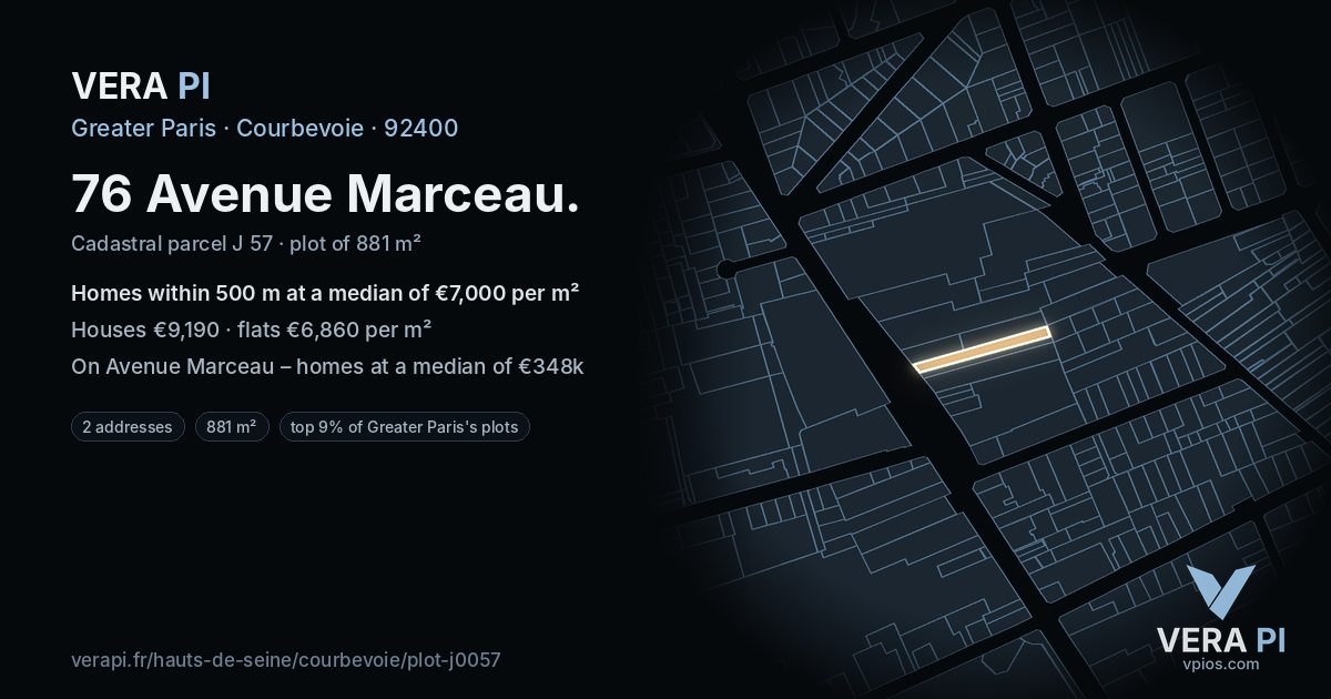 76 Avenue Marceau, Courbevoie at night – the plot lit, the parcels around coloured by the prices near them