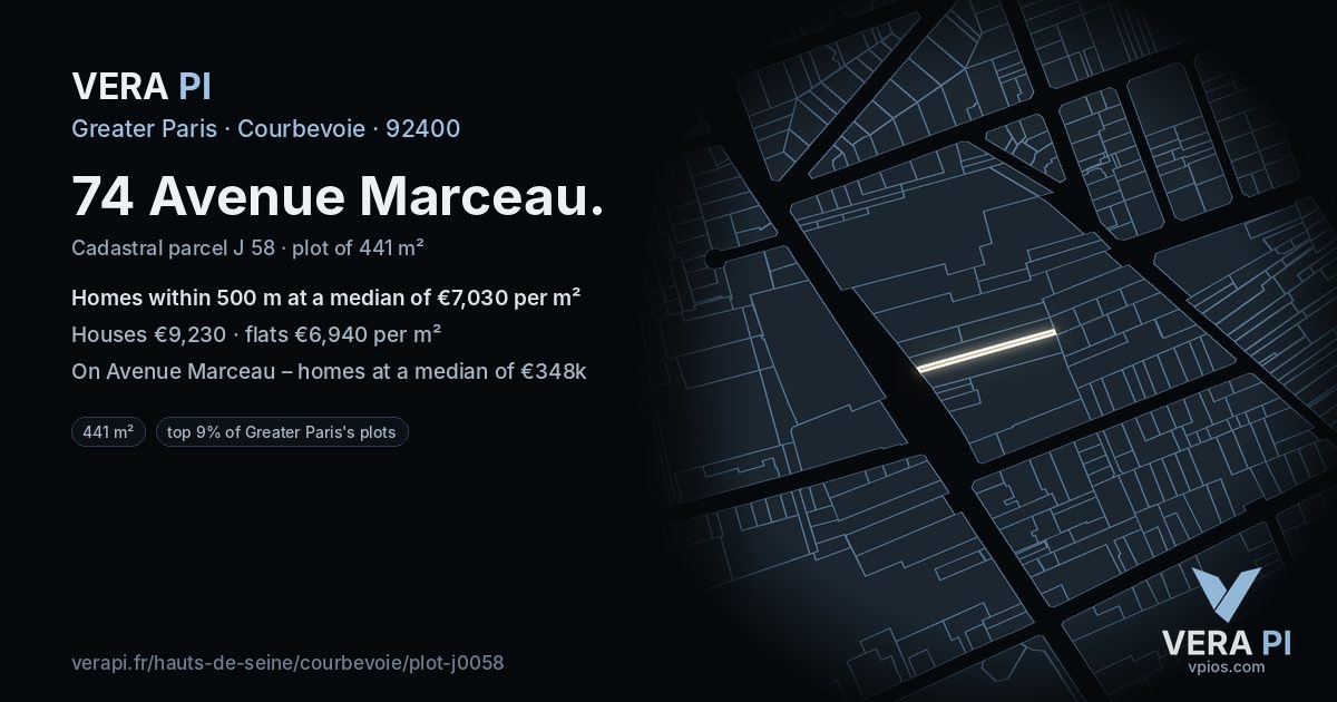 74 Avenue Marceau, Courbevoie at night – the plot lit, the parcels around coloured by the prices near them