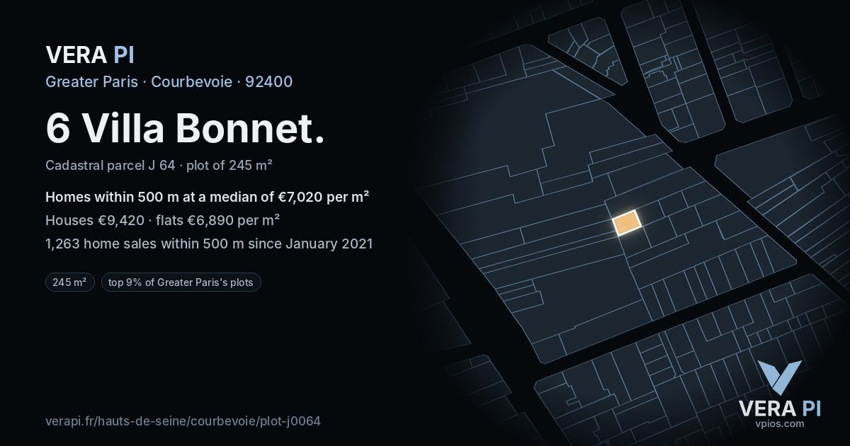 6 Villa Bonnet, Courbevoie at night – the plot lit, the parcels around coloured by the prices near them