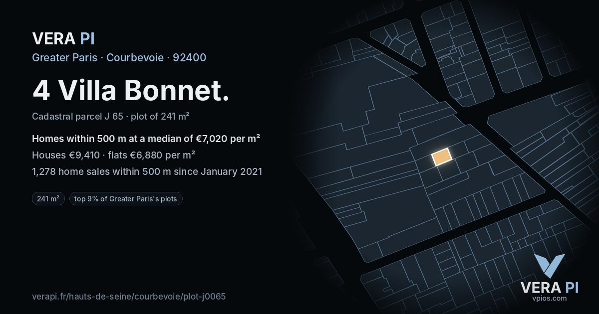 4 Villa Bonnet, Courbevoie at night – the plot lit, the parcels around coloured by the prices near them