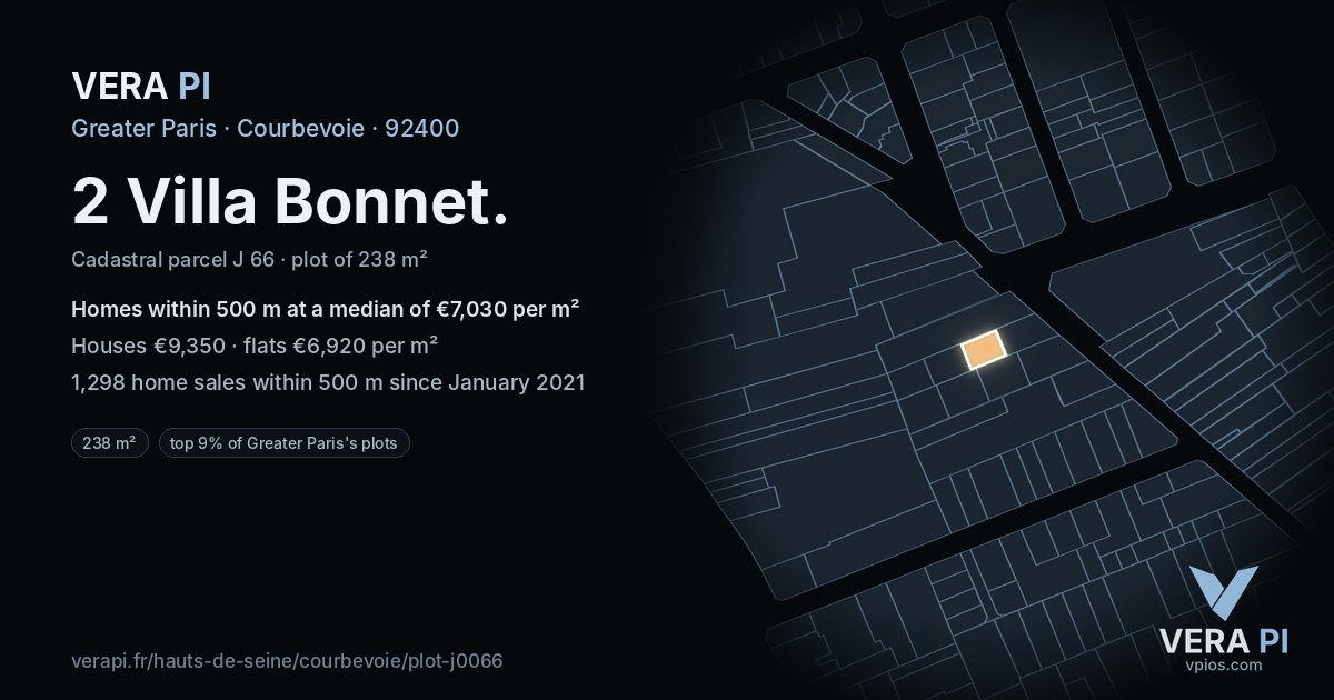 2 Villa Bonnet, Courbevoie at night – the plot lit, the parcels around coloured by the prices near them