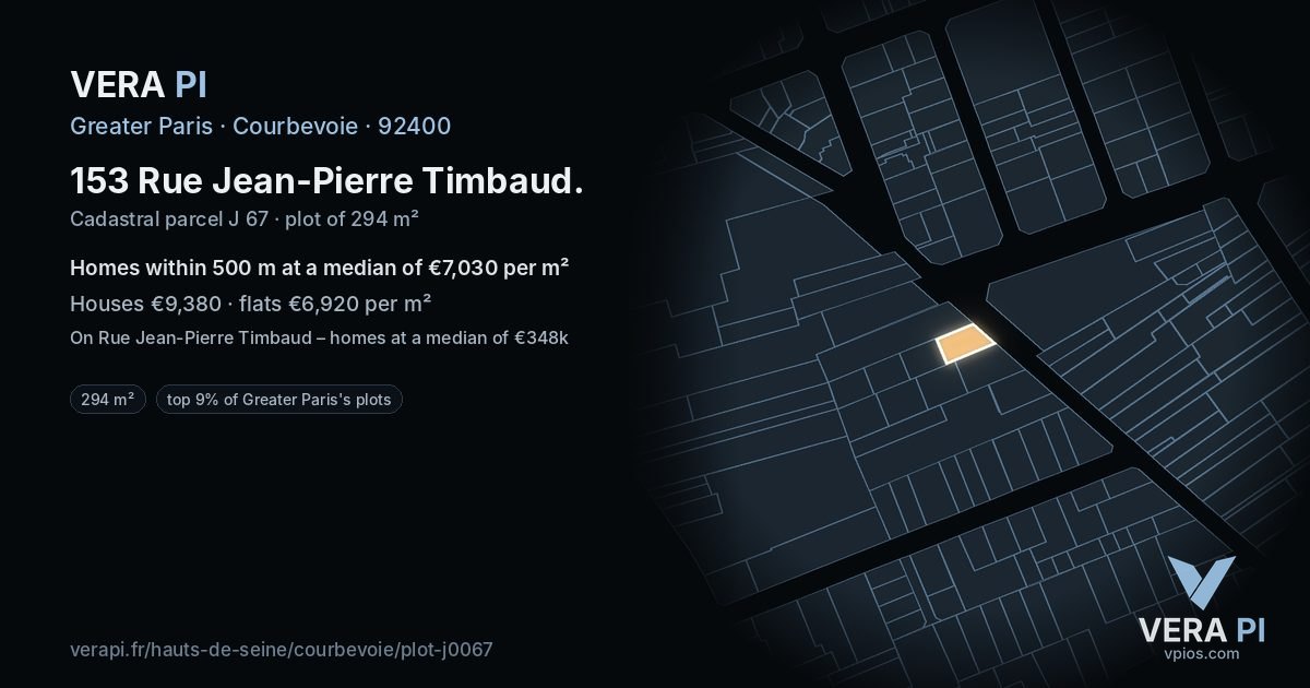 153 Rue Jean-Pierre Timbaud, Courbevoie at night – the plot lit, the parcels around coloured by the prices near them