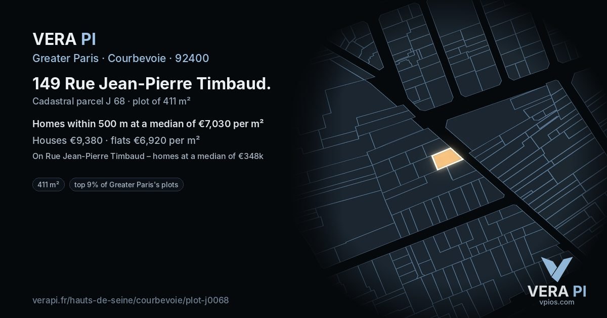 149 Rue Jean-Pierre Timbaud, Courbevoie at night – the plot lit, the parcels around coloured by the prices near them