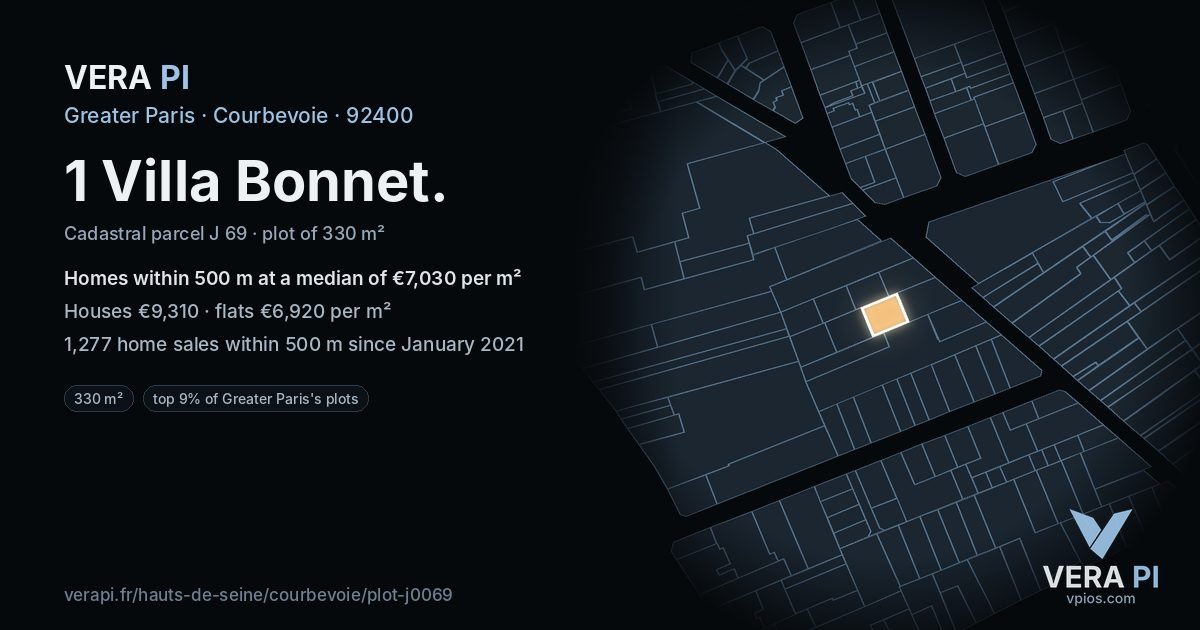 1 Villa Bonnet, Courbevoie at night – the plot lit, the parcels around coloured by the prices near them