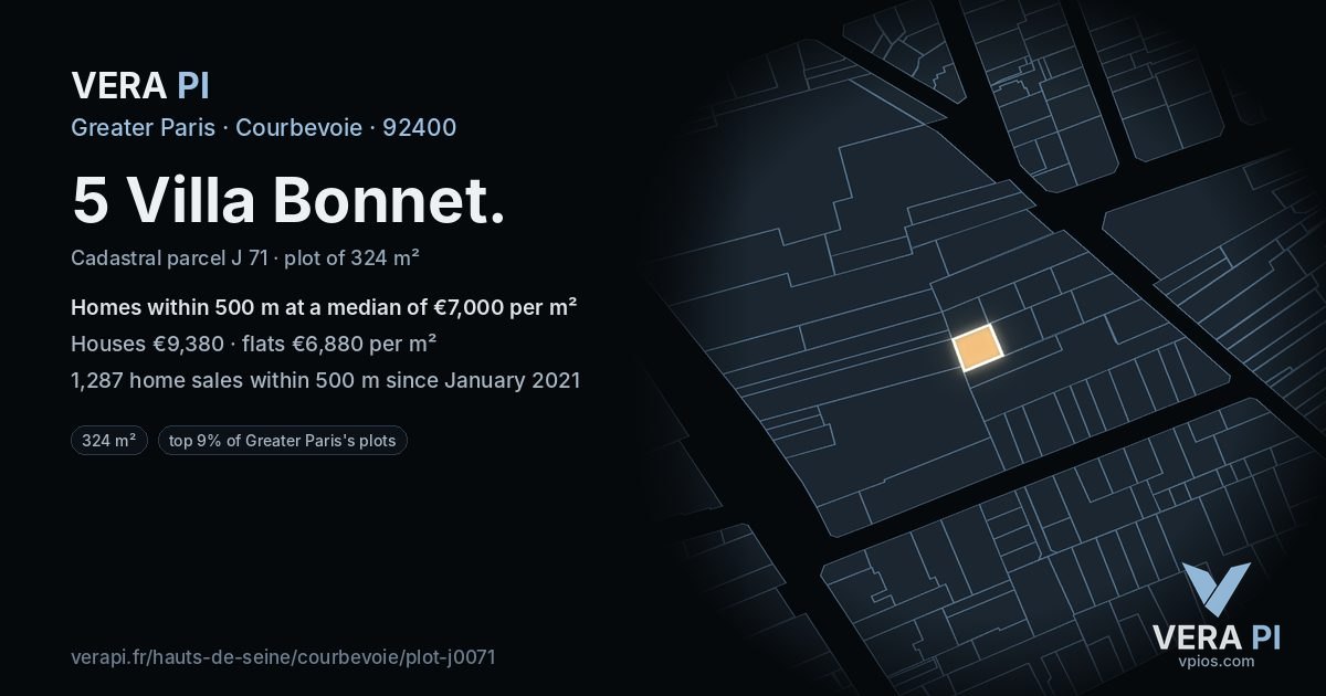 5 Villa Bonnet, Courbevoie at night – the plot lit, the parcels around coloured by the prices near them