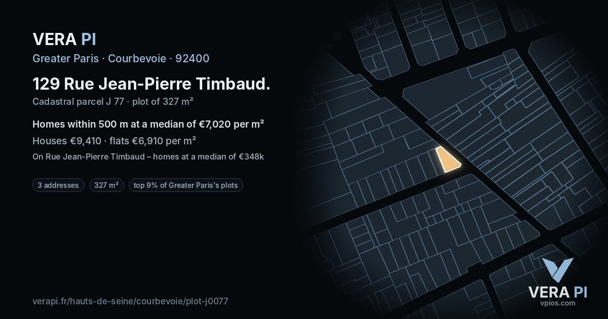 129 Rue Jean-Pierre Timbaud, Courbevoie at night – the plot lit, the parcels around coloured by the prices near them