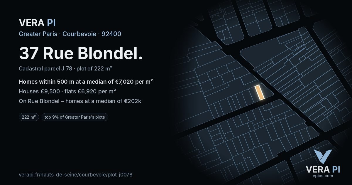 37 Rue Blondel, Courbevoie at night – the plot lit, the parcels around coloured by the prices near them
