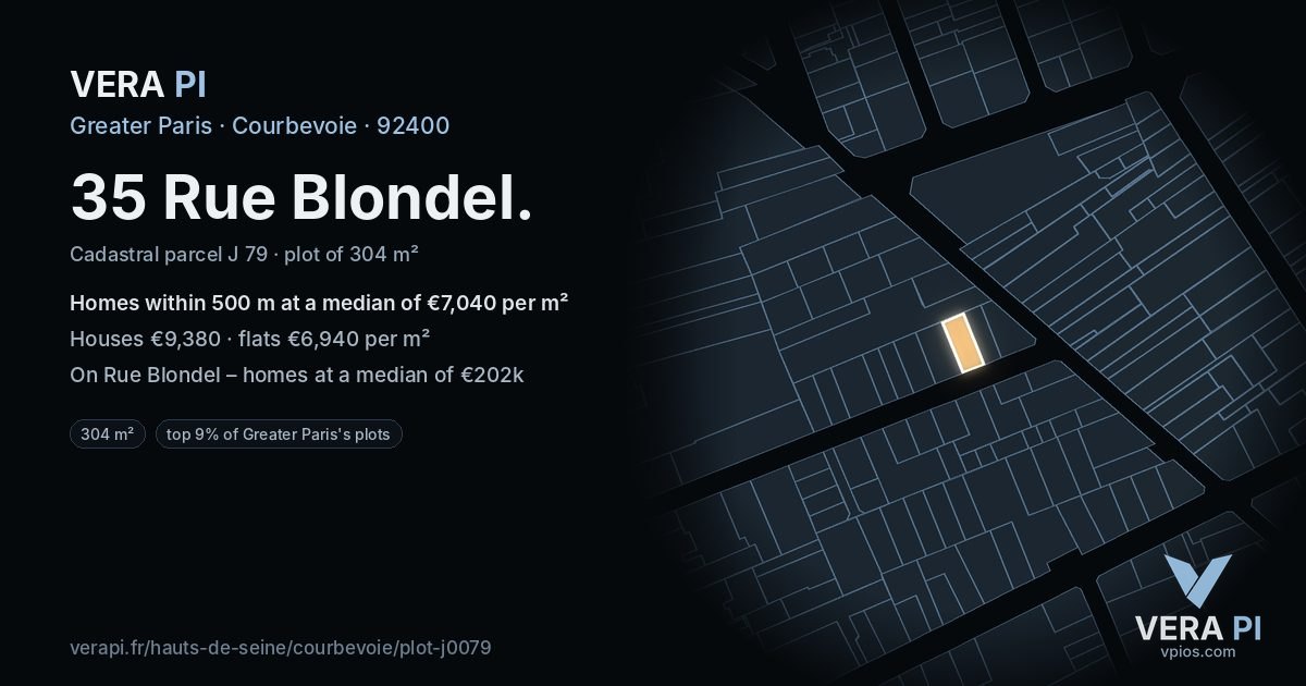35 Rue Blondel, Courbevoie at night – the plot lit, the parcels around coloured by the prices near them