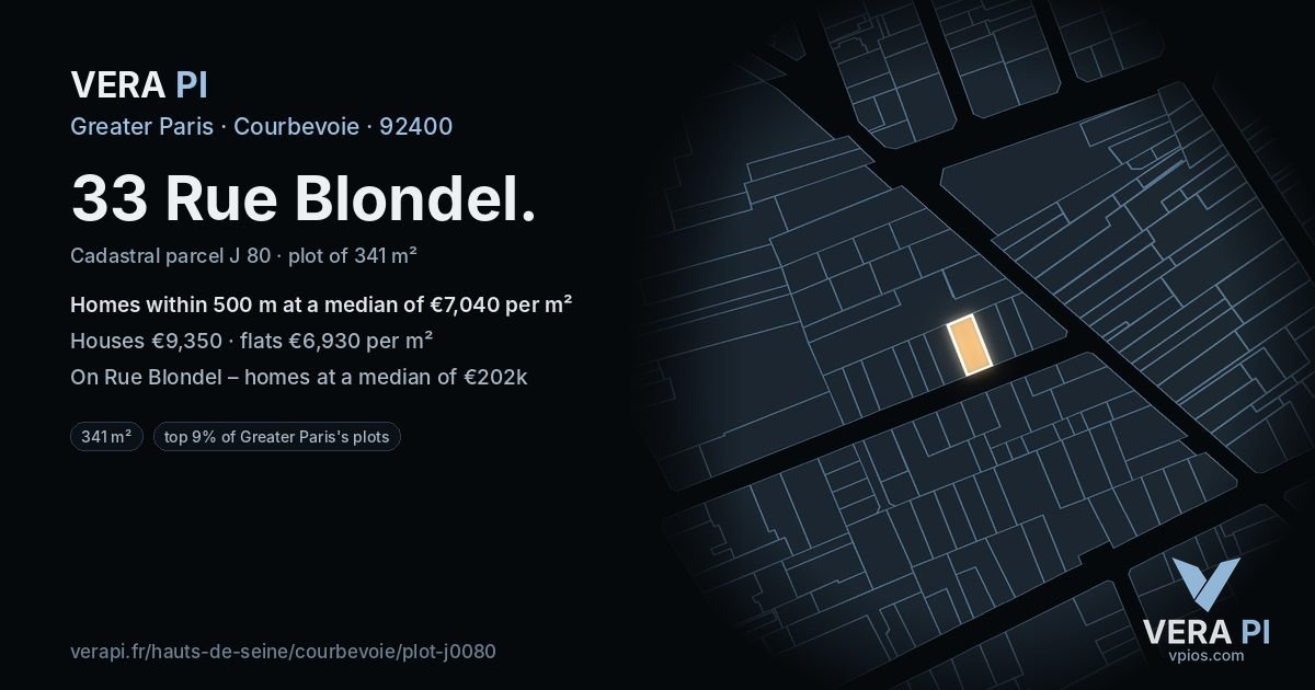 33 Rue Blondel, Courbevoie at night – the plot lit, the parcels around coloured by the prices near them