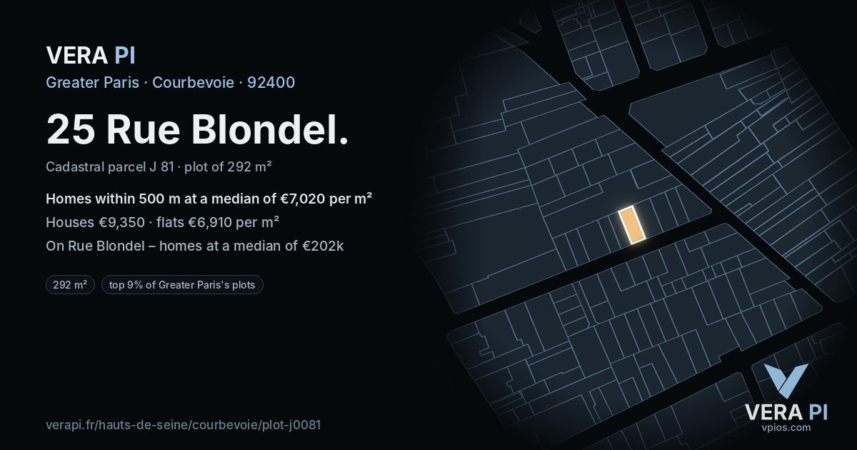 25 Rue Blondel, Courbevoie at night – the plot lit, the parcels around coloured by the prices near them
