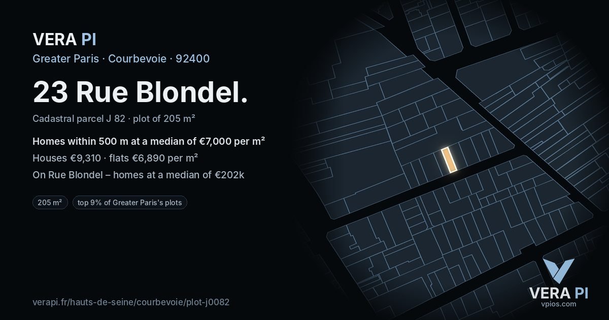 23 Rue Blondel, Courbevoie at night – the plot lit, the parcels around coloured by the prices near them