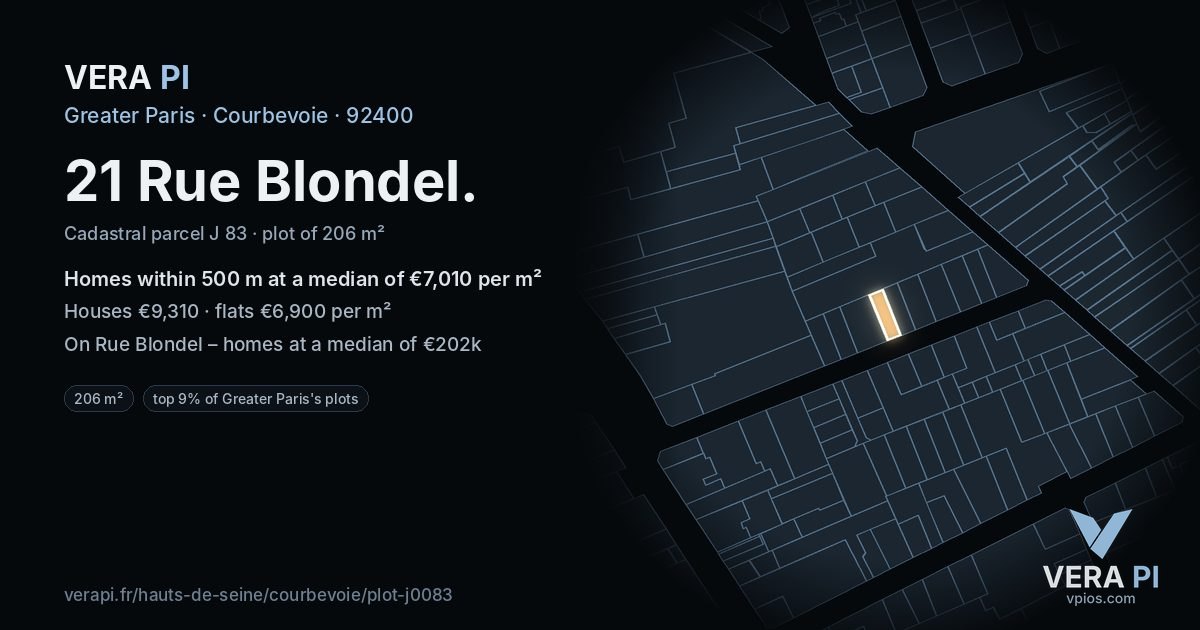 21 Rue Blondel, Courbevoie at night – the plot lit, the parcels around coloured by the prices near them