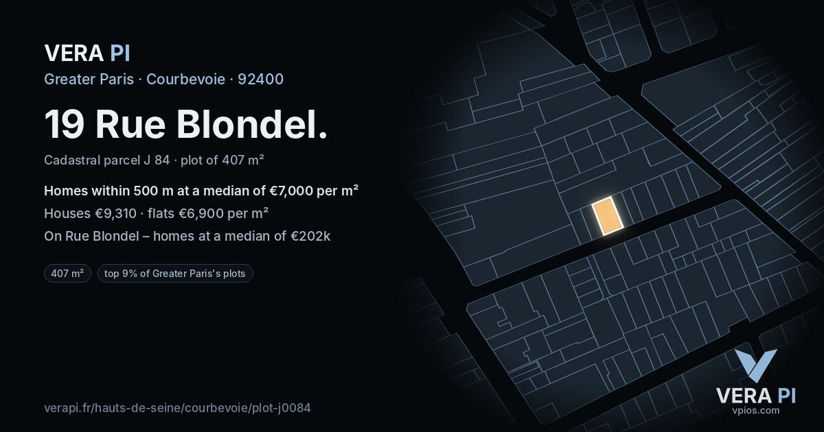 19 Rue Blondel, Courbevoie at night – the plot lit, the parcels around coloured by the prices near them
