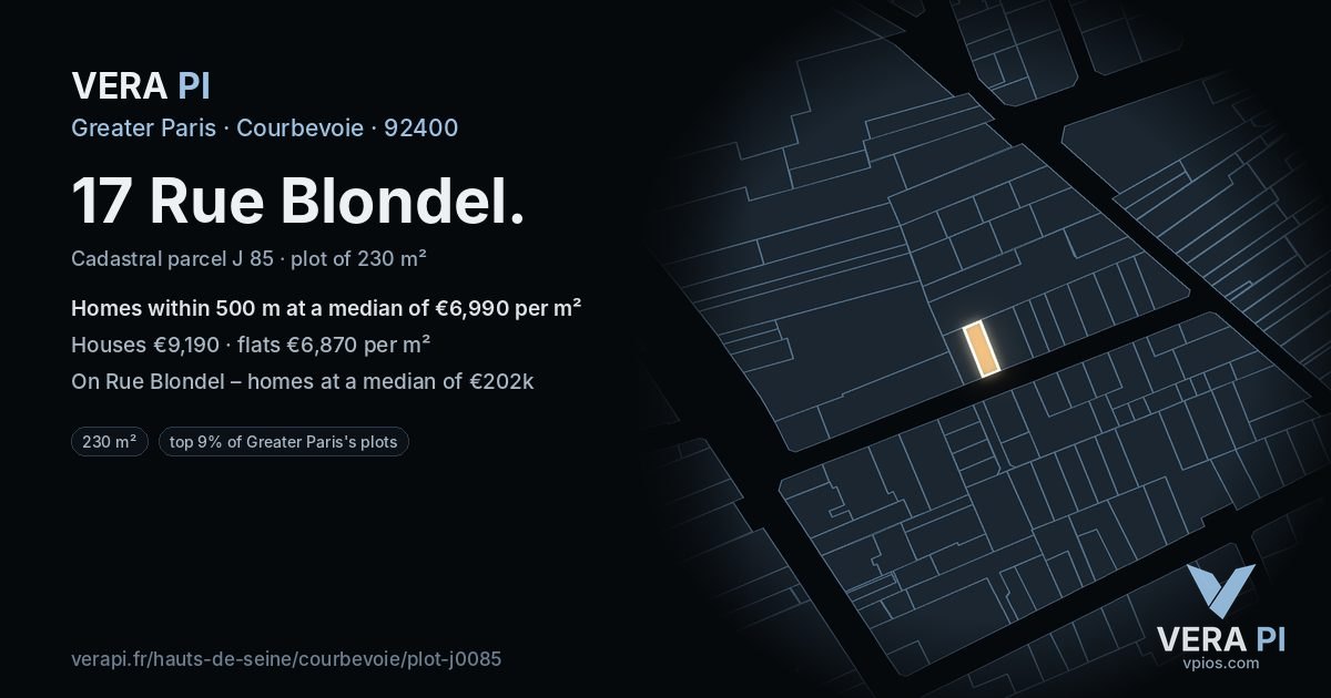 17 Rue Blondel, Courbevoie at night – the plot lit, the parcels around coloured by the prices near them