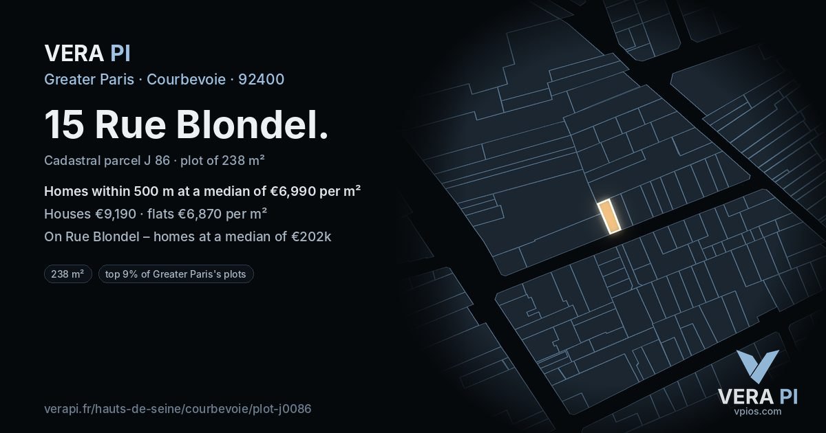 15 Rue Blondel, Courbevoie at night – the plot lit, the parcels around coloured by the prices near them