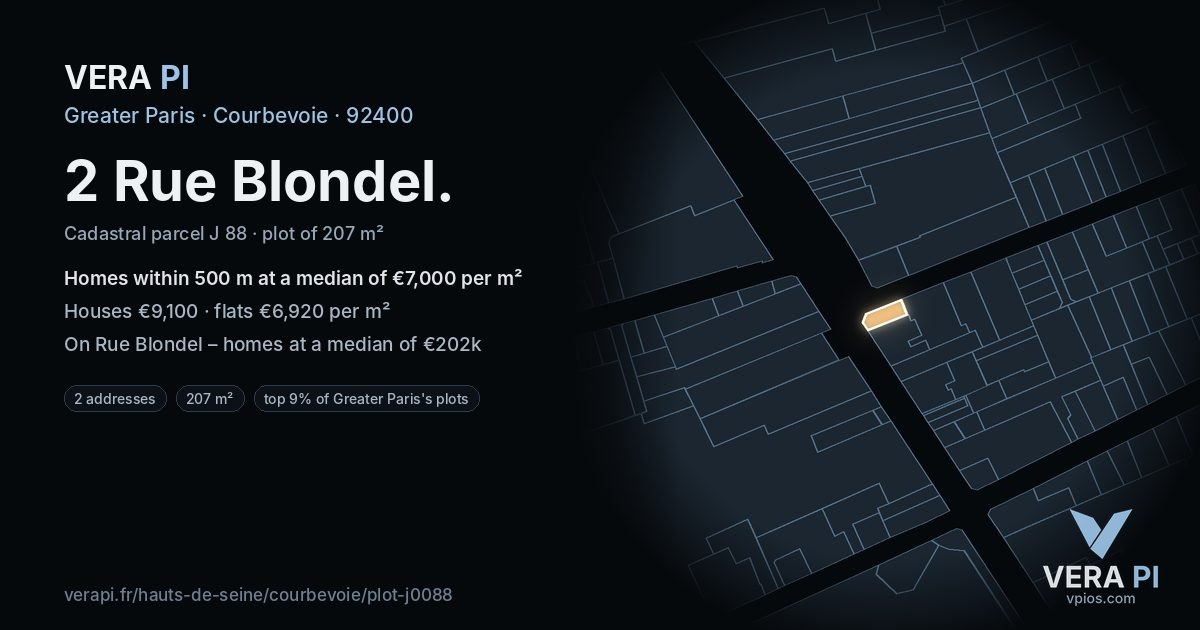 2 Rue Blondel, Courbevoie at night – the plot lit, the parcels around coloured by the prices near them