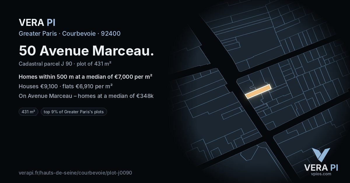 50 Avenue Marceau, Courbevoie at night – the plot lit, the parcels around coloured by the prices near them