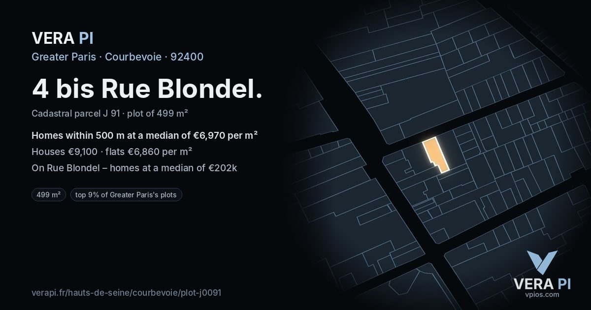 4 bis Rue Blondel, Courbevoie at night – the plot lit, the parcels around coloured by the prices near them