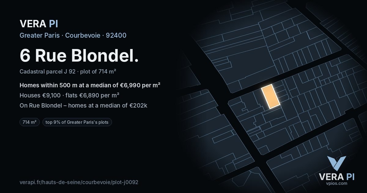 6 Rue Blondel, Courbevoie at night – the plot lit, the parcels around coloured by the prices near them