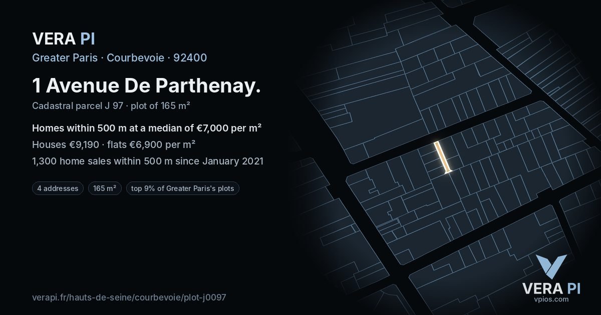 1 Avenue De Parthenay, Courbevoie at night – the plot lit, the parcels around coloured by the prices near them