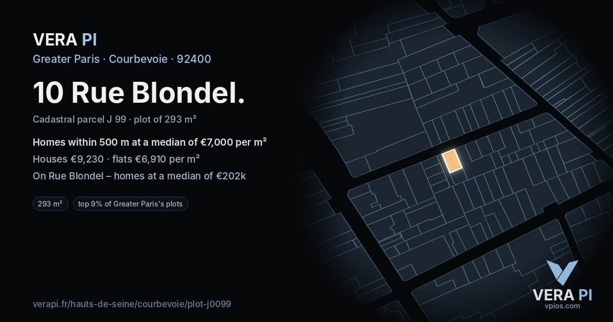10 Rue Blondel, Courbevoie at night – the plot lit, the parcels around coloured by the prices near them