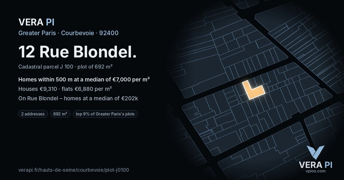 12 Rue Blondel, Courbevoie at night – the plot lit, the parcels around coloured by the prices near them