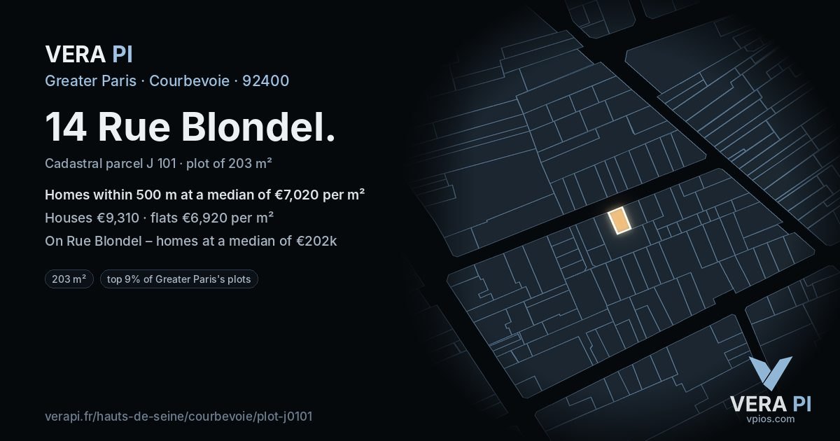 14 Rue Blondel, Courbevoie at night – the plot lit, the parcels around coloured by the prices near them
