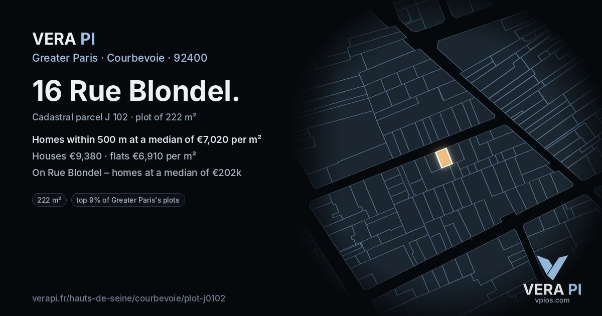 16 Rue Blondel, Courbevoie at night – the plot lit, the parcels around coloured by the prices near them