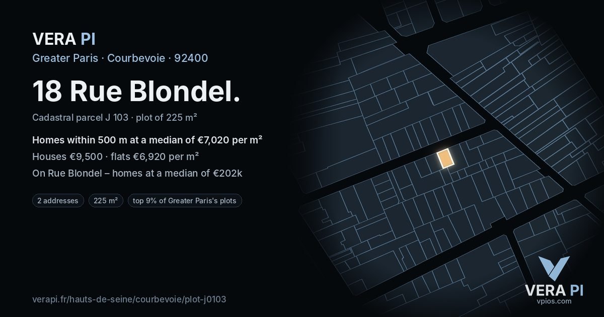 18 Rue Blondel, Courbevoie at night – the plot lit, the parcels around coloured by the prices near them