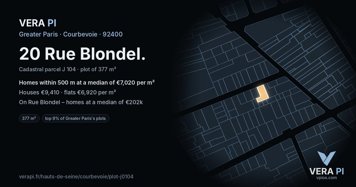 20 Rue Blondel, Courbevoie at night – the plot lit, the parcels around coloured by the prices near them