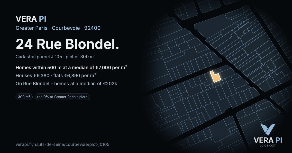 24 Rue Blondel, Courbevoie at night – the plot lit, the parcels around coloured by the prices near them