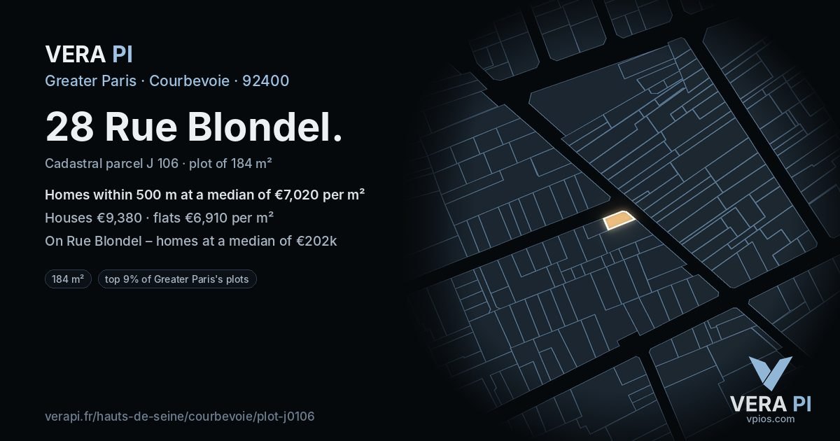 28 Rue Blondel, Courbevoie at night – the plot lit, the parcels around coloured by the prices near them