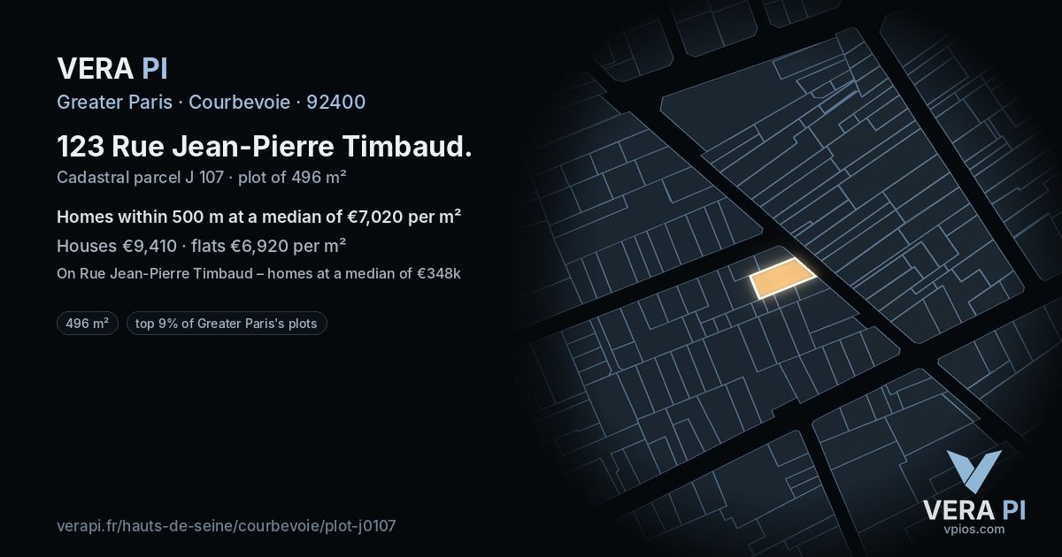 123 Rue Jean-Pierre Timbaud, Courbevoie at night – the plot lit, the parcels around coloured by the prices near them