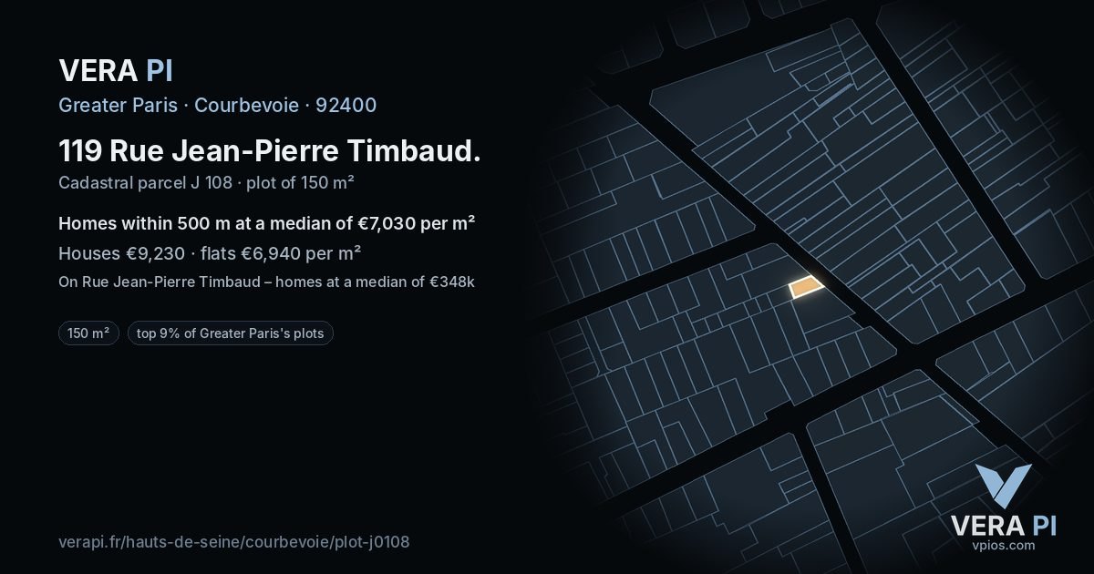 119 Rue Jean-Pierre Timbaud, Courbevoie at night – the plot lit, the parcels around coloured by the prices near them