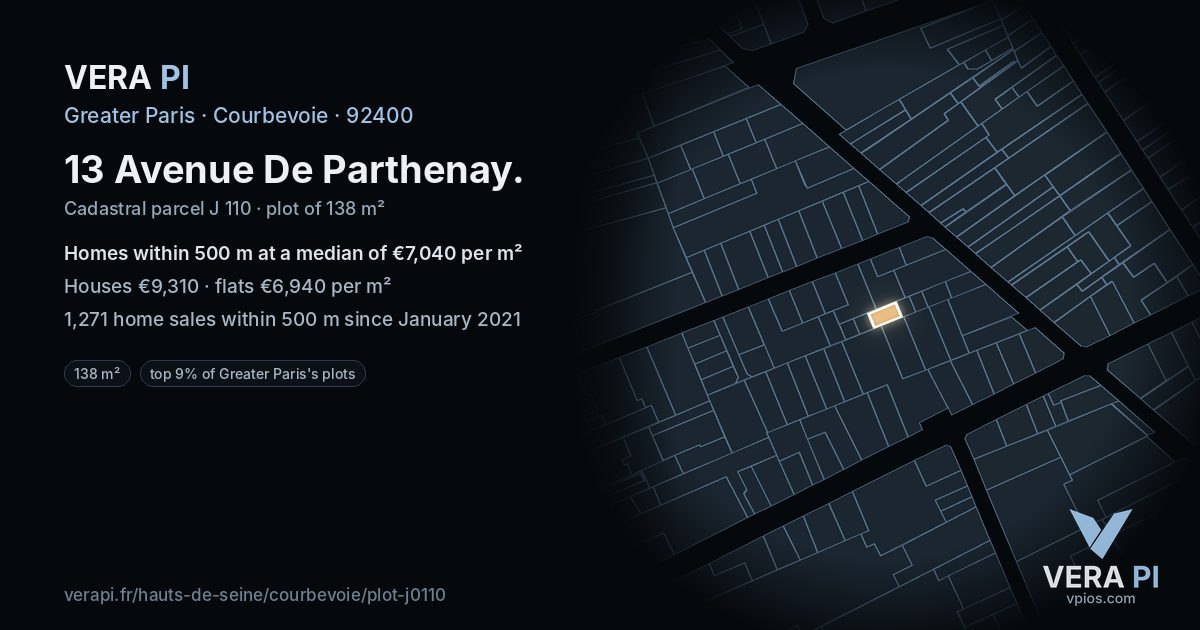 13 Avenue De Parthenay, Courbevoie at night – the plot lit, the parcels around coloured by the prices near them