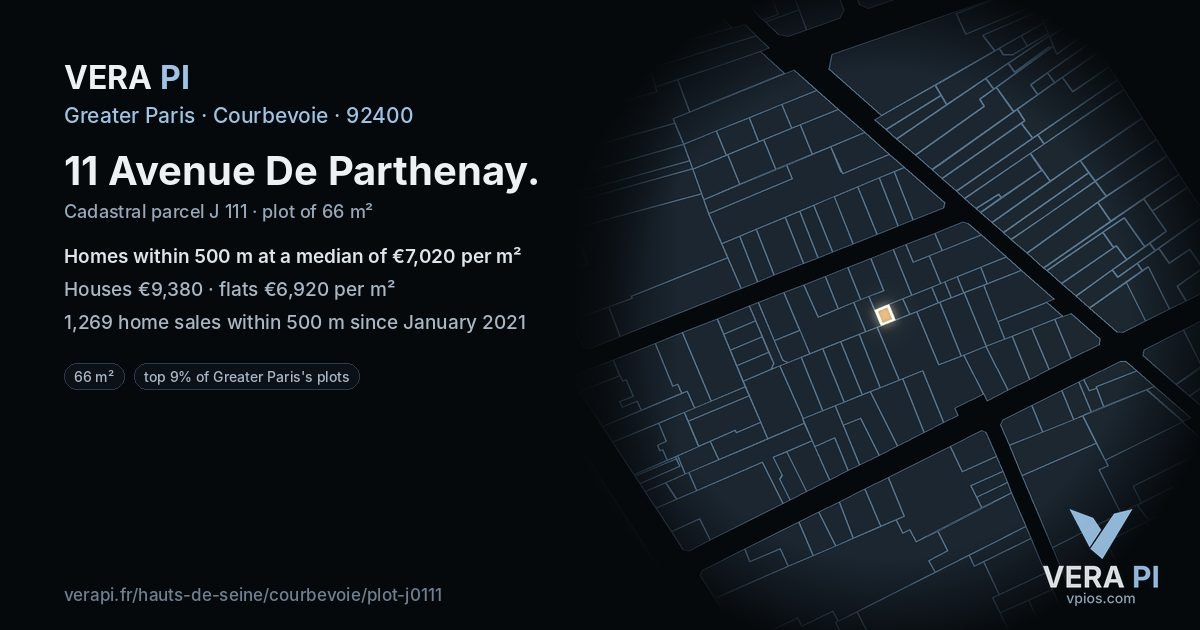 11 Avenue De Parthenay, Courbevoie at night – the plot lit, the parcels around coloured by the prices near them