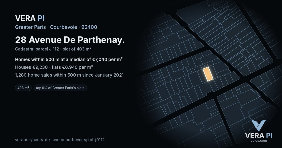 28 Avenue De Parthenay, Courbevoie at night – the plot lit, the parcels around coloured by the prices near them