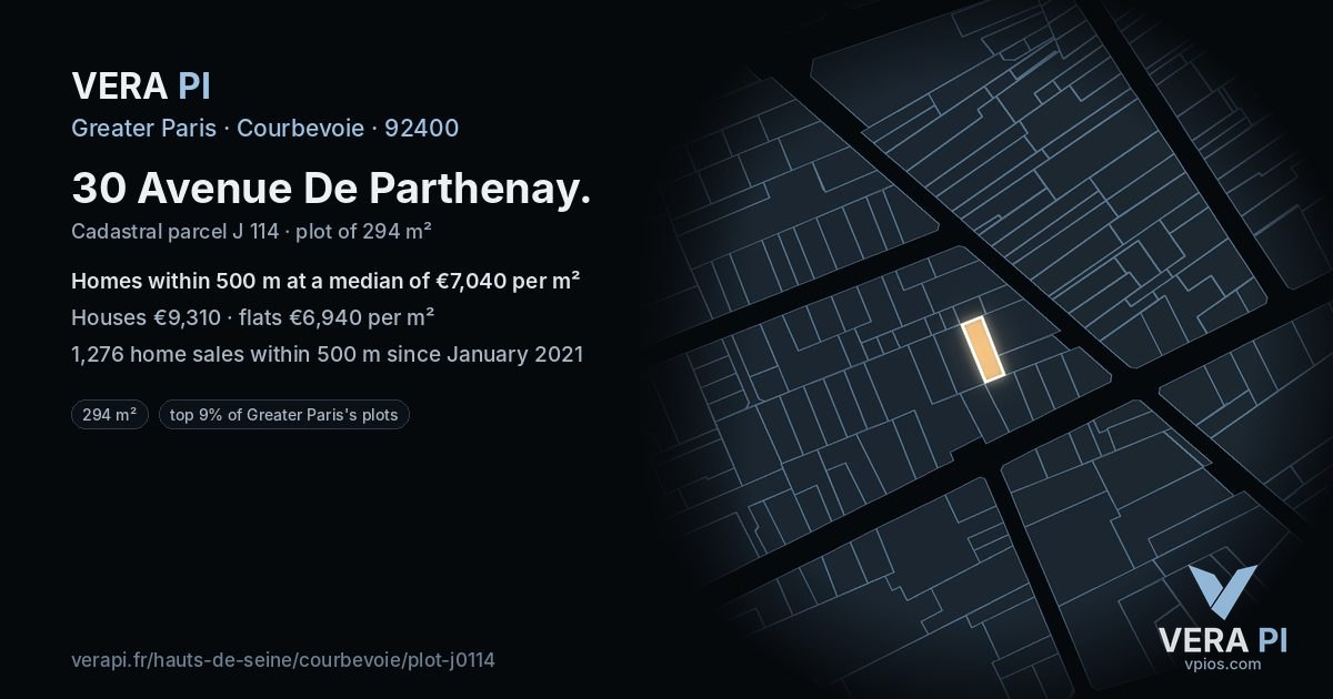 30 Avenue De Parthenay, Courbevoie at night – the plot lit, the parcels around coloured by the prices near them
