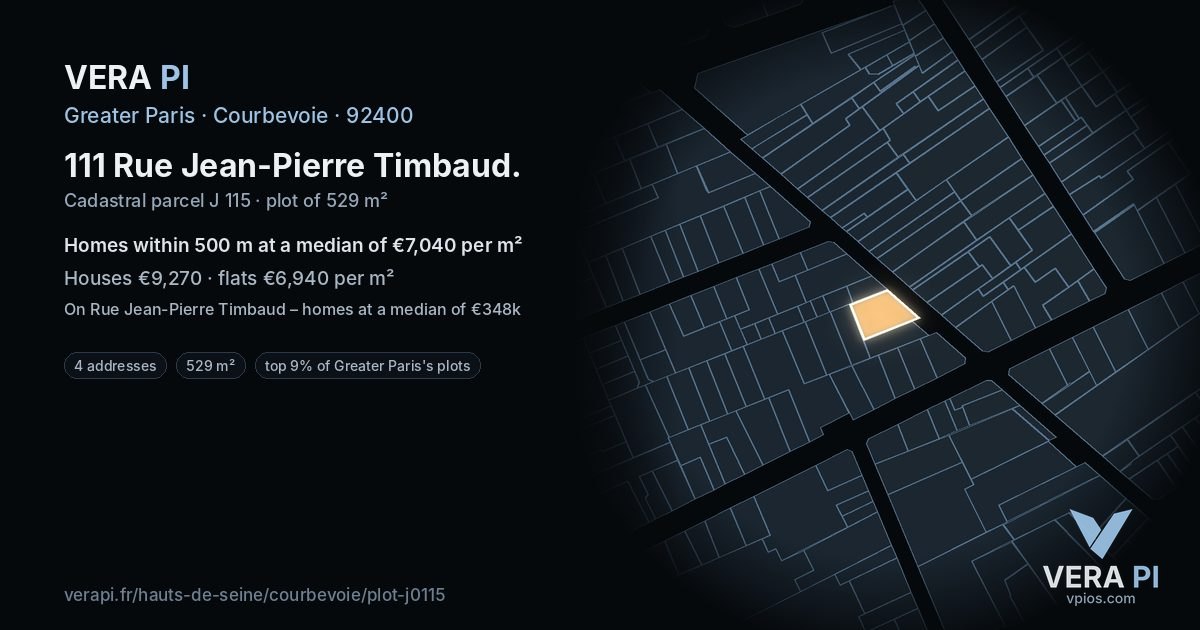 111 Rue Jean-Pierre Timbaud, Courbevoie at night – the plot lit, the parcels around coloured by the prices near them