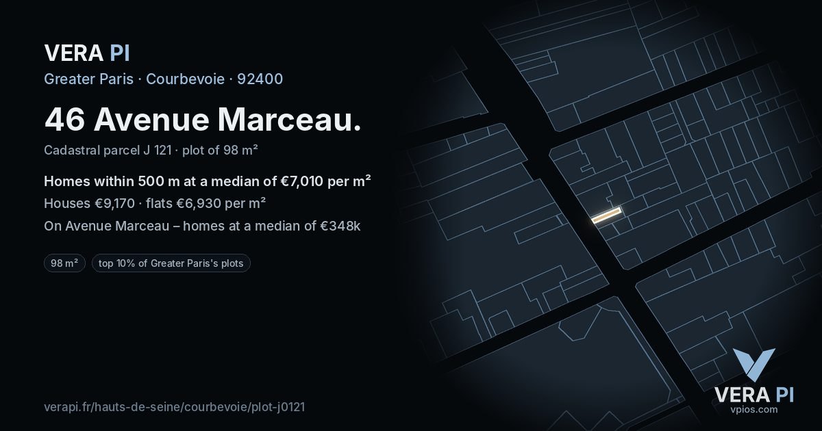 46 Avenue Marceau, Courbevoie at night – the plot lit, the parcels around coloured by the prices near them