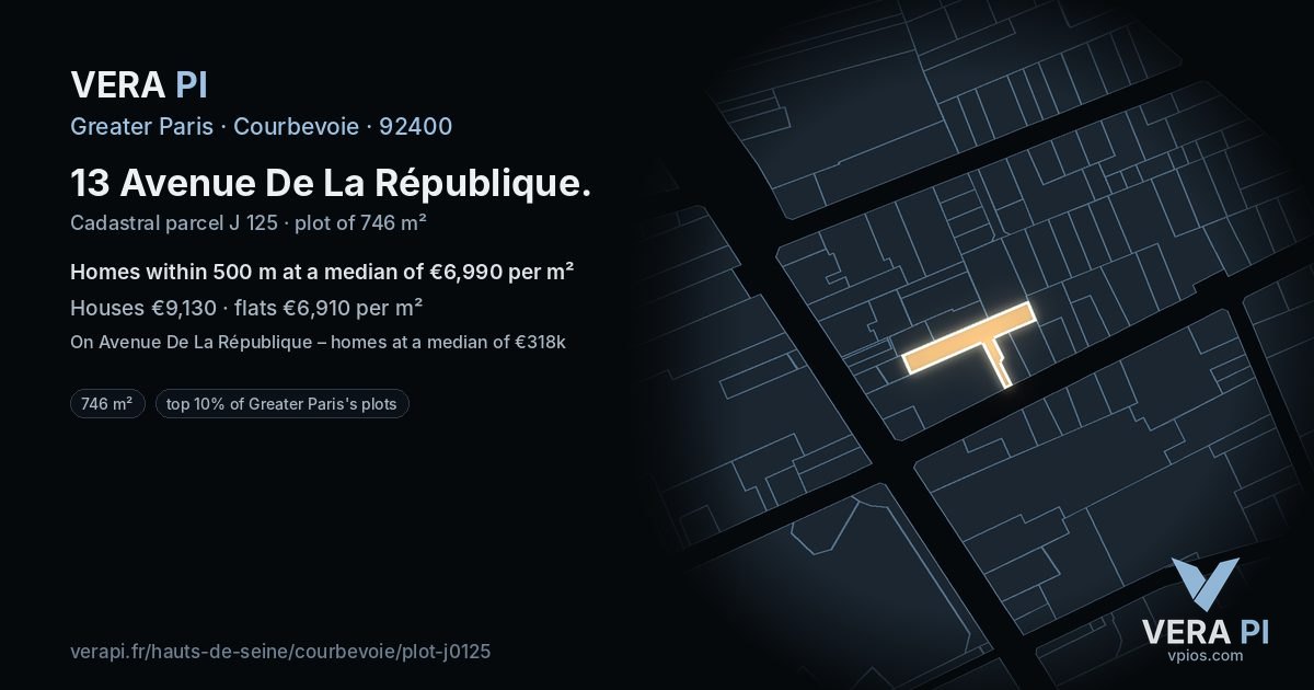 13 Avenue De La République, Courbevoie at night – the plot lit, the parcels around coloured by the prices near them