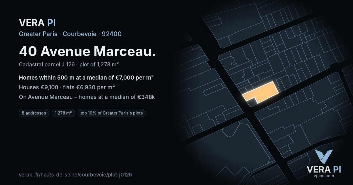 40 Avenue Marceau, Courbevoie at night – the plot lit, the parcels around coloured by the prices near them