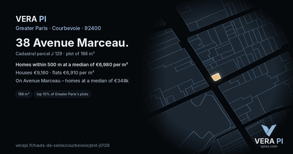 38 Avenue Marceau, Courbevoie at night – the plot lit, the parcels around coloured by the prices near them